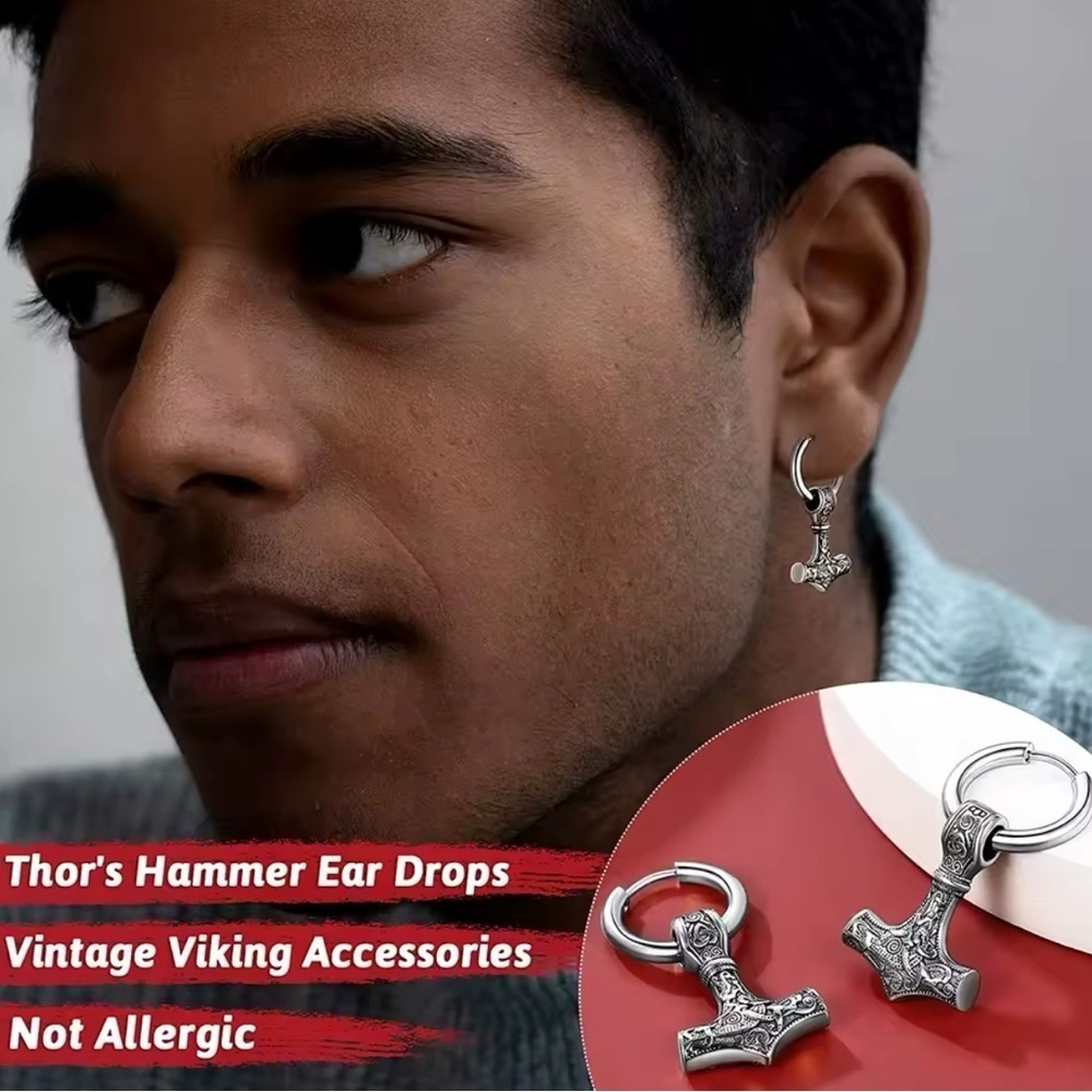 Black Gun Metal Gold Mjolnir Thor’s Hammer Viking Runes Unisex Hoop Earrings - Picture 6 of 7